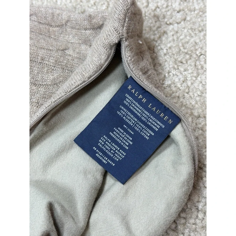 Ralph Lauren 100% Cashmere Cable Knit Blanket Throw Wrap 43x56 + Pillow Tan‎ Set